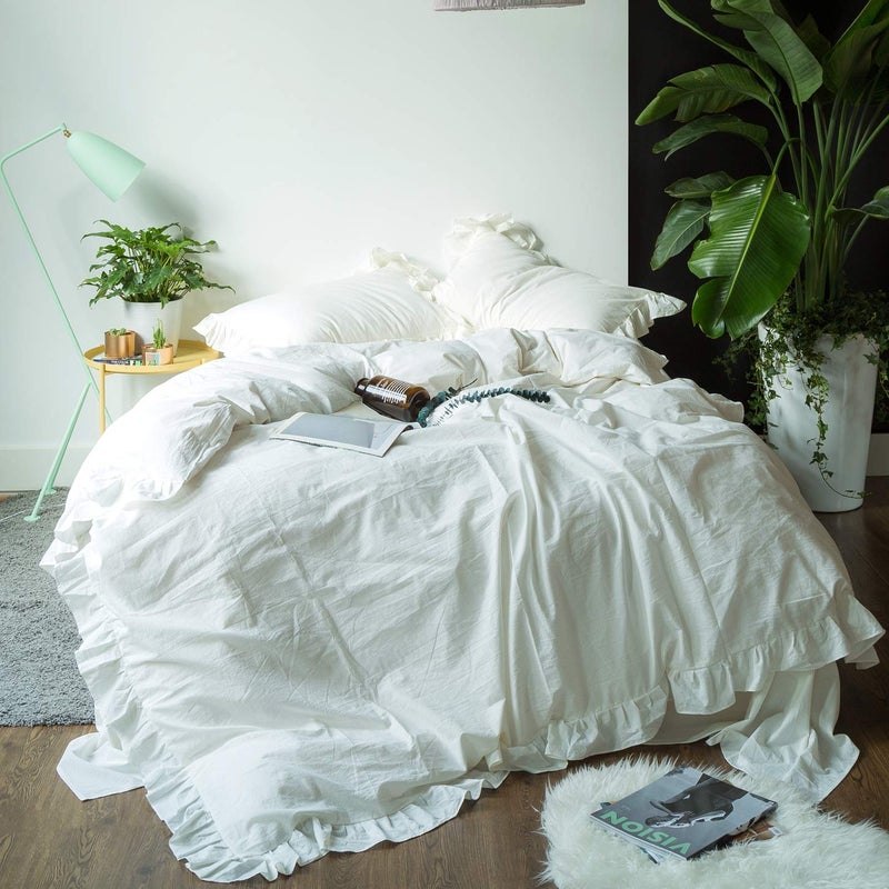 SUSYBAO White Vintage Ruffle Duvet Cover Queen 100% Washed Cotton White Farmhouse Duvet Cover Set 3 Pieces 1 White Lace Duvet Cover with Zipper Ties 2 Pillow Shams Luxury Soft Shabby Chic Bedding Set - Image 1